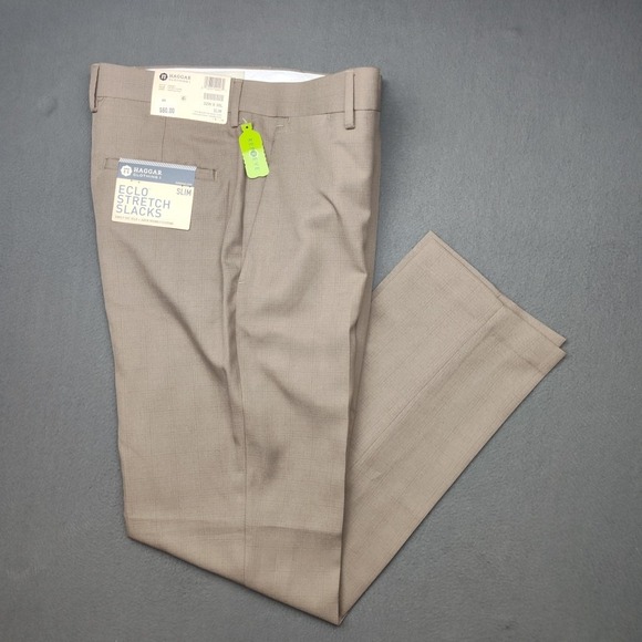 Haggar Pants Mens 32x30 Brown Slim Fit Eclo Stretch Dress Slacks School Work - Picture 1 of 12